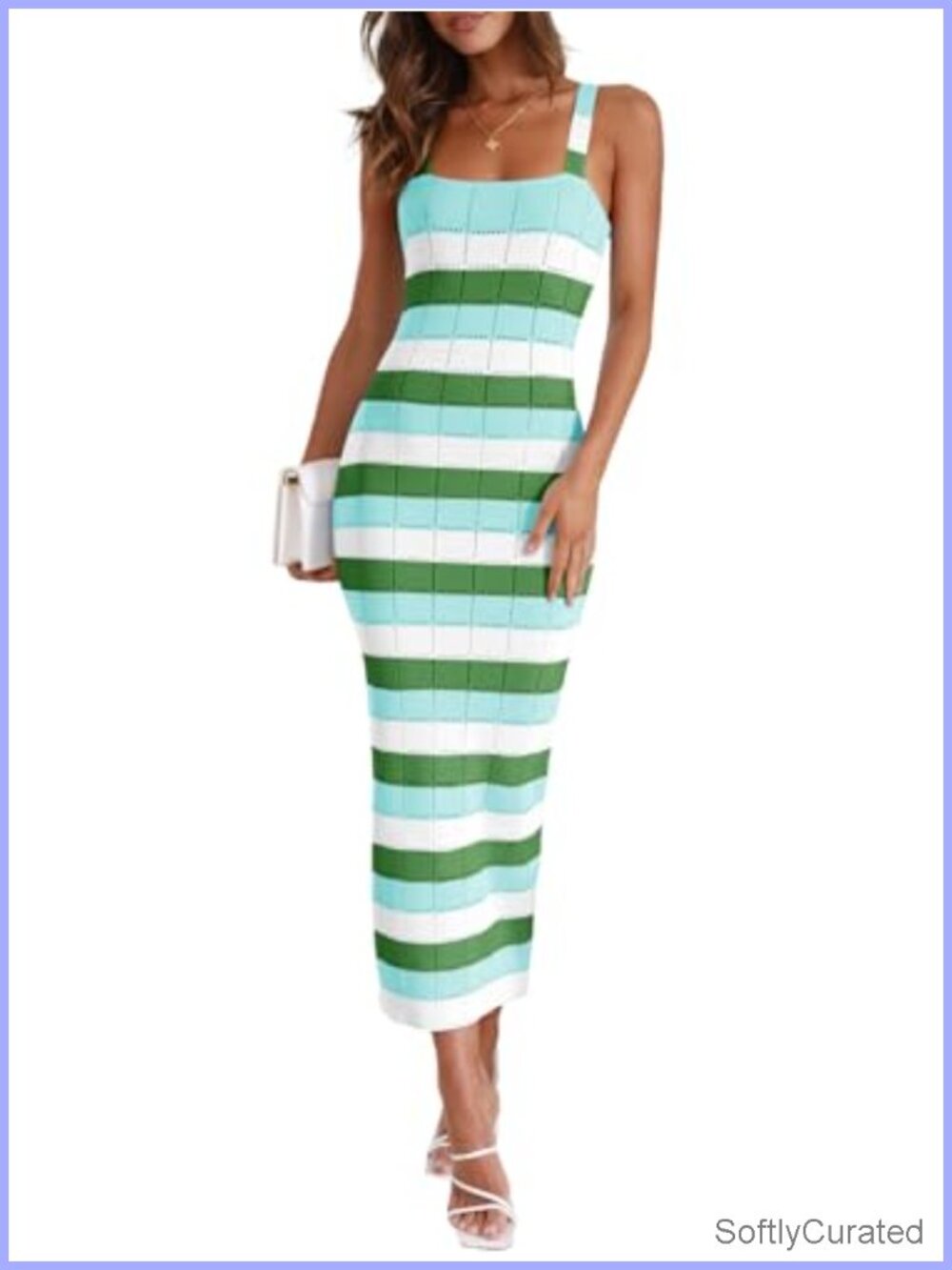 Sleeveless Bodycon Midi Dress Square Neck Color Block Knit Summer Tank Dress